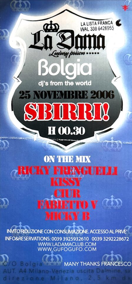 Back view of the flyer for the event by La dama and Bolgia that took place on 2006-11-25