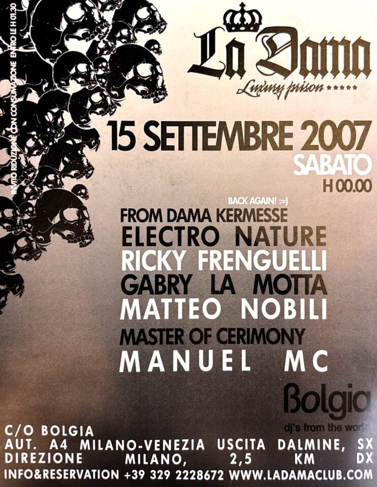 Back view of the flyer for the event by La dama and Bolgia that took place on 2007-09-15