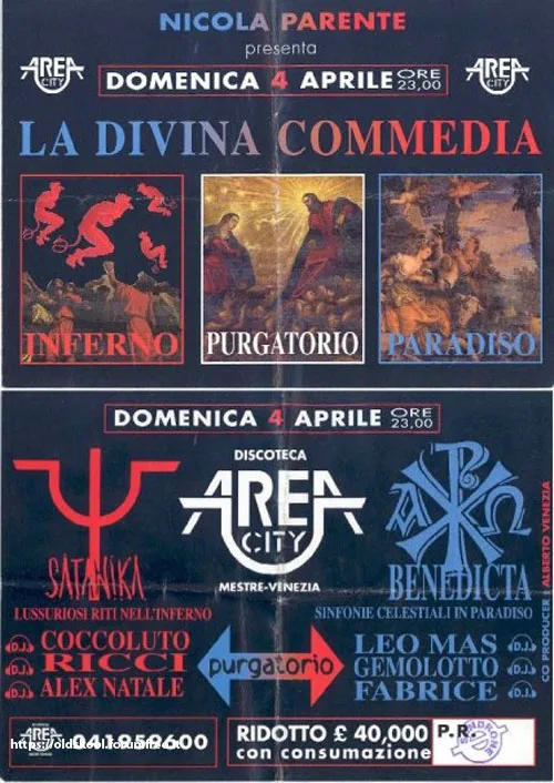 Front view of the flyer for the event by Nicola Parente, Satanika, Benedicta, and Area City that took place on 0000-04-04