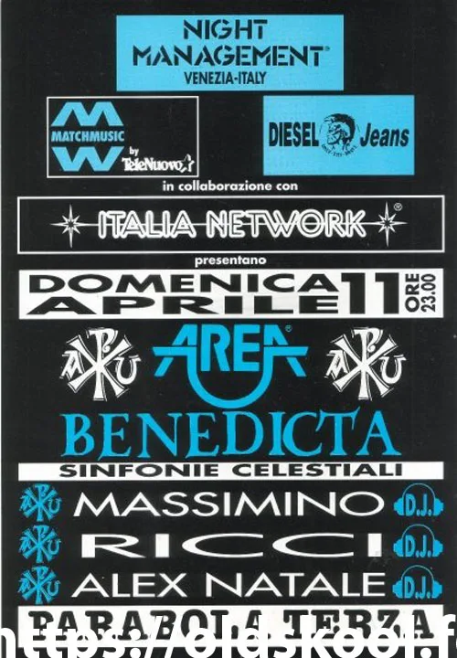 Front view of the flyer for the event by Benedicta, Italia Network, Night Management, and Area City that took place on 0000-04-11