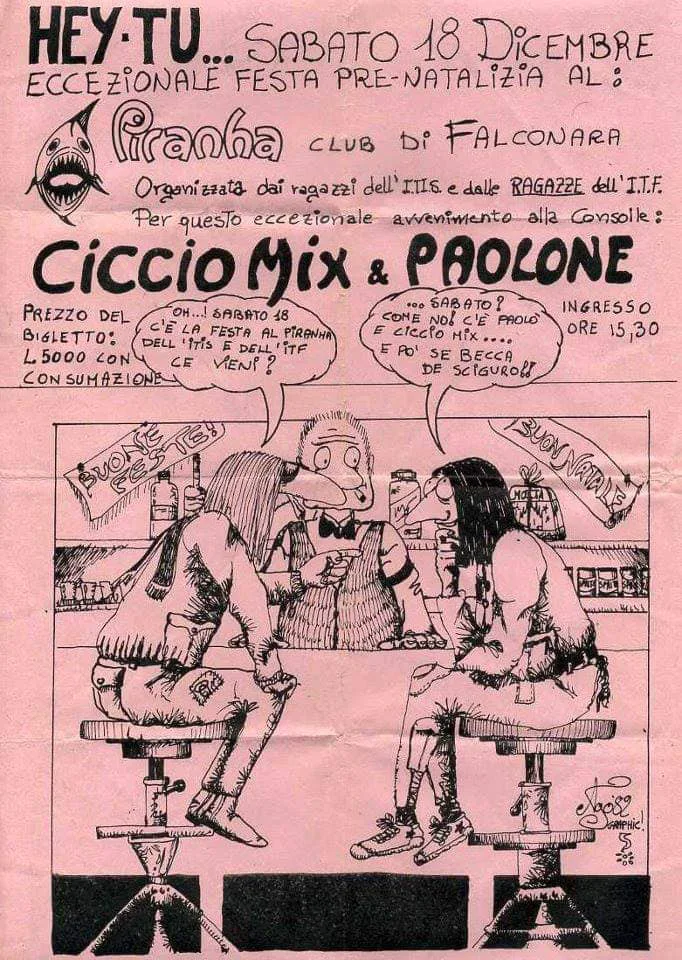 Side number 1 of the flyer for the event by Piranha Club that took place on 1982-12-18