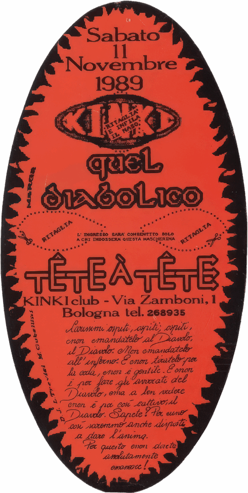 Back view of the flyer for the event by Tête à tête and Kinki that took place on 1989-11-11