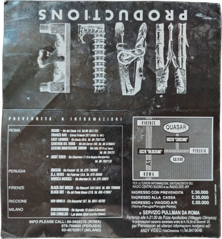 Back view of the flyer for the event by La notte del male and Quasar that took place on 1991-10-26