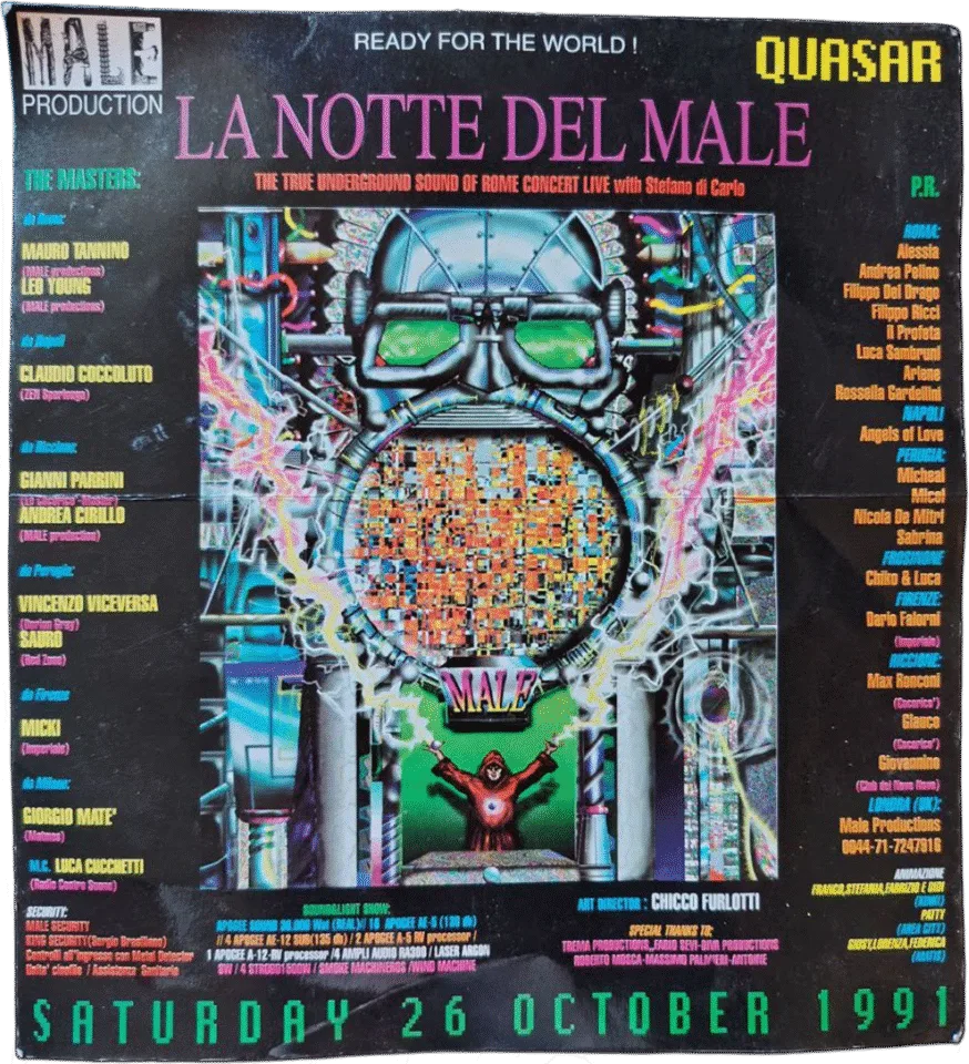 Front view of the flyer for the event by La notte del male and Quasar that took place on 1991-10-26