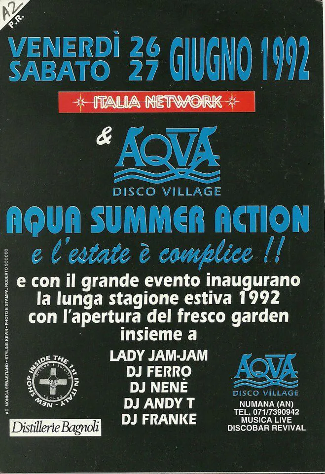 Back view of the flyer for the event by Aqva Disco Village that took place on 1992-06-26