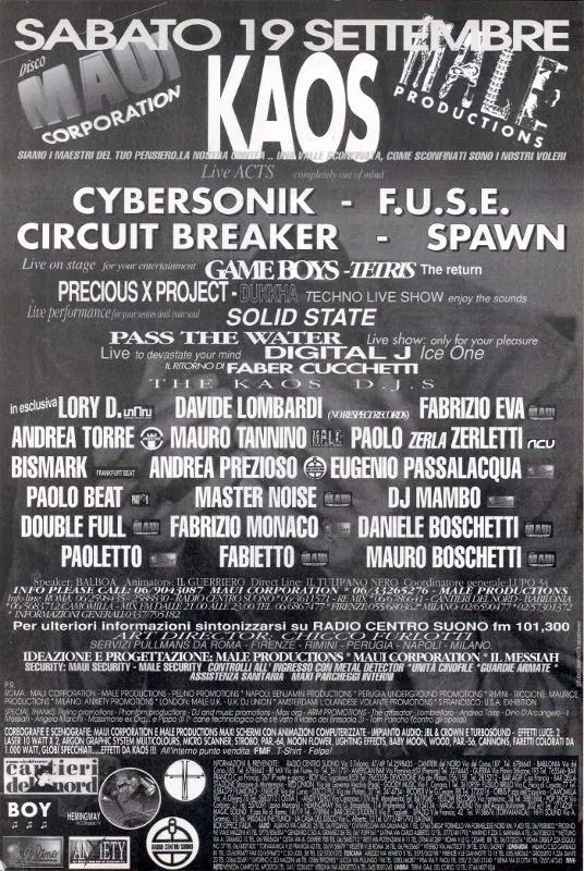 Back view of the flyer for the event by Kaos, Male Productions, and Disco Maui Corporation that took place on 1992-09-19