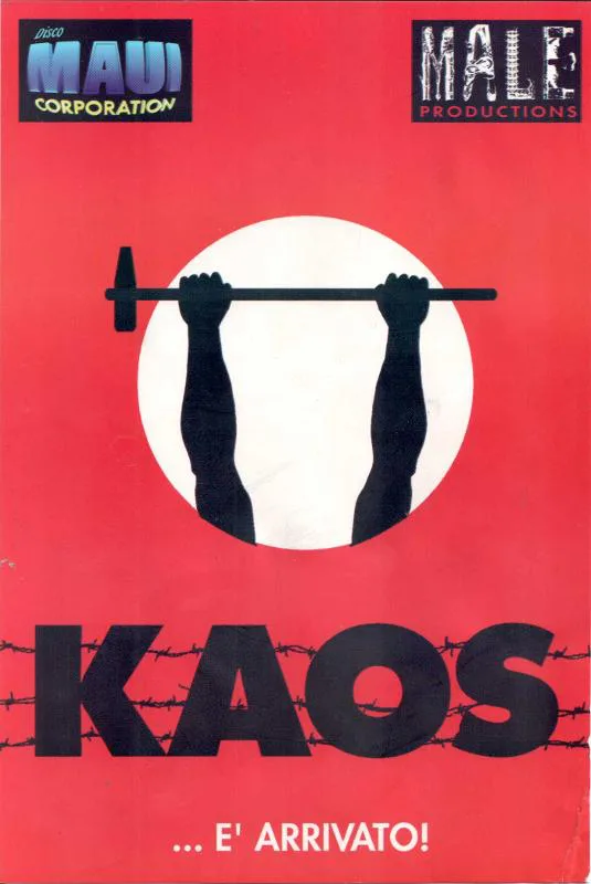 Front view of the flyer for the event by Kaos, Male Productions, and Disco Maui Corporation that took place on 1992-09-19