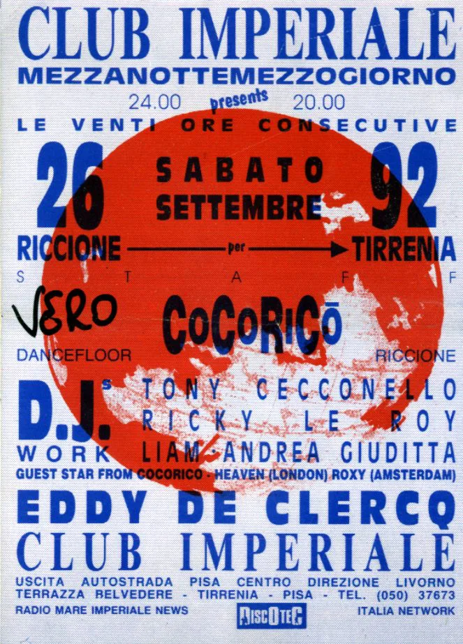 Front view of the flyer for the event by Cocoricò and Club Imperiale that took place on 1992-09-26