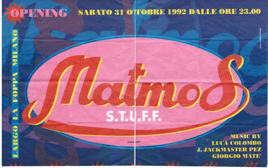 Front view of the flyer for the event by Matmos that took place on 1992-10-31