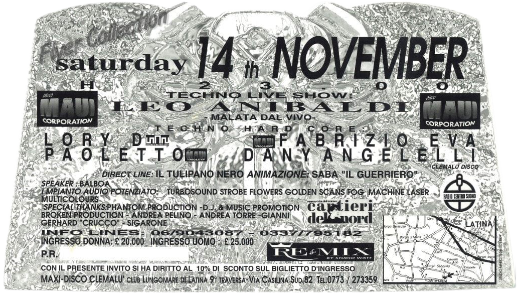 Back view of the flyer for the event by Maxi Disco Clemalù that took place on 1992-11-14
