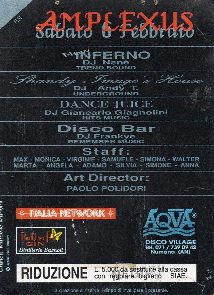 Front view of the flyer for the event by Italia Network and Aqva Disco Village that took place on 1993-02-06