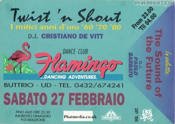 Back view of the flyer for the event by Twist And Shout and Flamingo that took place on 1993-02-27