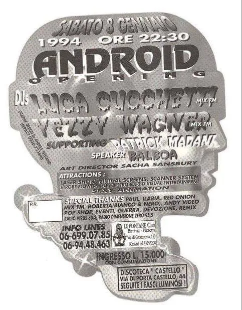 Back view of the flyer for the event by Android and Discoteca Castello that took place on 1994-01-08