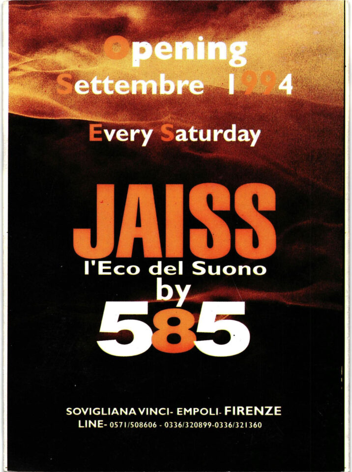 Back view of the flyer for the event by L’Eco del Suono by 585 and Jaiss that took place on 1994-09-03