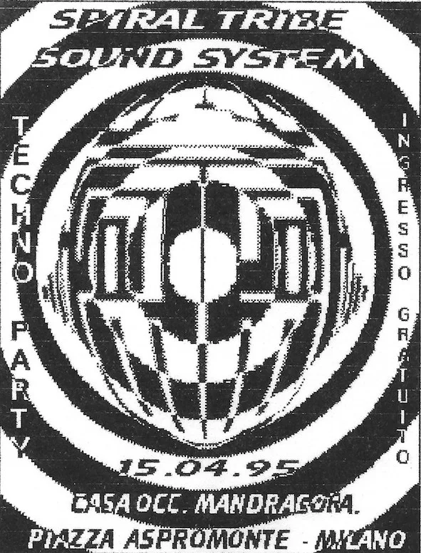 Front view of the flyer for the event by Spiral Tribe that took place on 1995-04-15