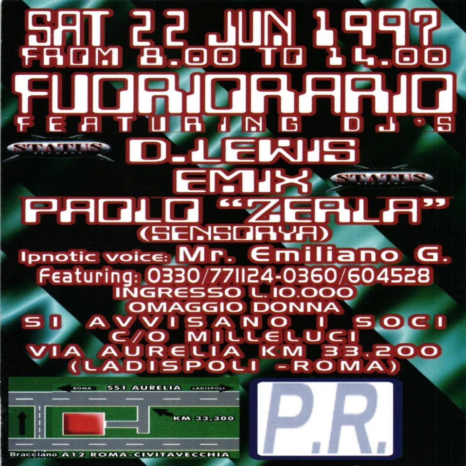 Back view of the flyer for the event by Sensorya Cyber Park and Circolo Milleluci that took place on 1997-06-22
