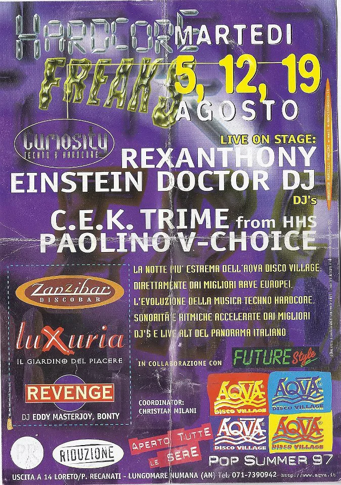 Front view of the flyer for the event by Aqva Disco Village that took place on 1997-08-05