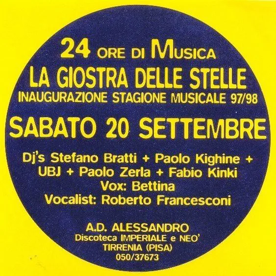 Back view of the flyer for the event by Club Imperiale and La giostra delle stelle that took place on 1997-09-20