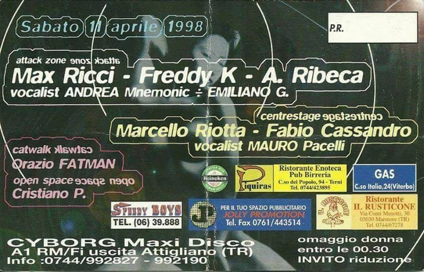 Back view of the flyer for the event by Cyborg Disco that took place on 1998-04-11