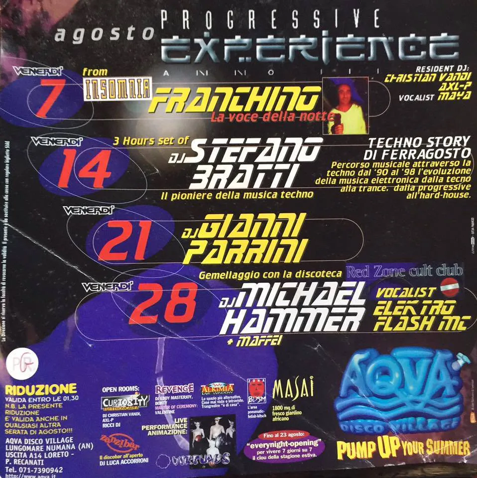 Front view of the flyer for the event by Aqva Disco Village that took place on 1998-08-07