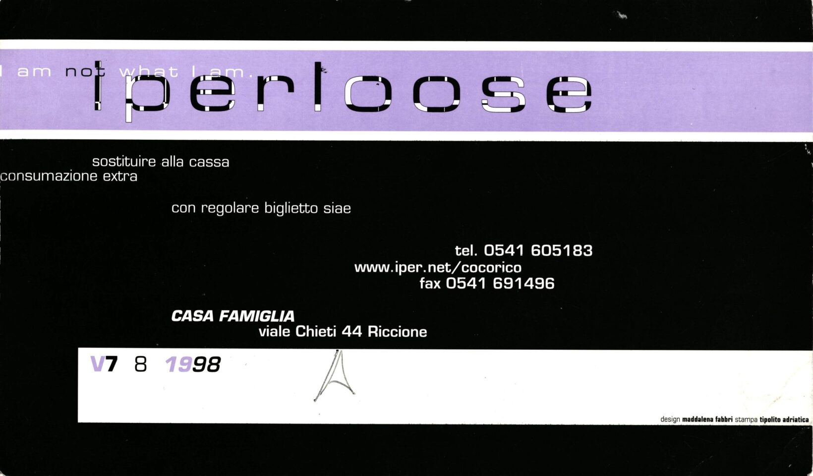 Back view of the flyer for the event by Cocoricò that took place on 1998-08-07