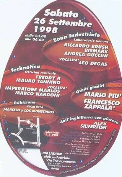 Back view of the flyer for the event by Palladium Club that took place on 1998-09-26