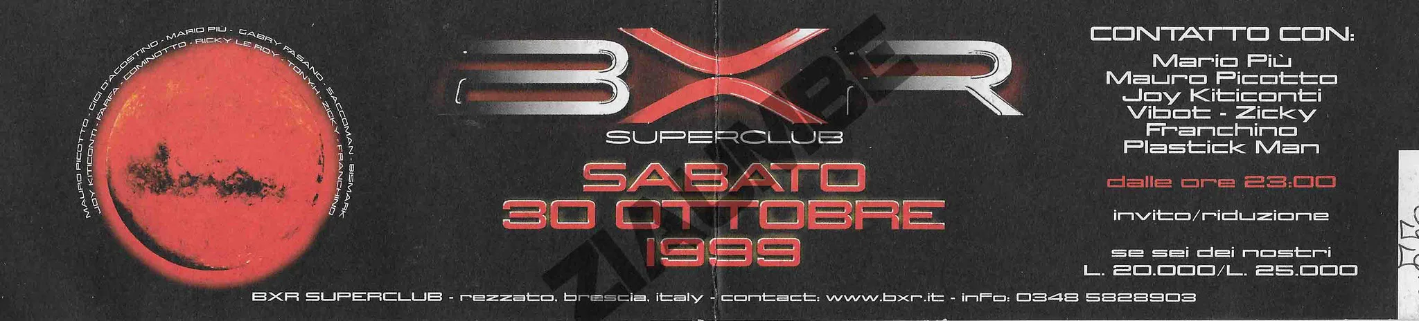 Back view of the flyer for the event by BXR Superclub that took place on 1999-10-30