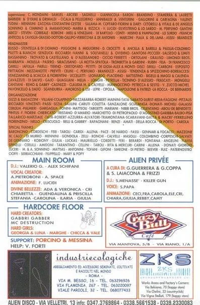 Back view of the flyer for the event by Alien that took place on 1999-11-13