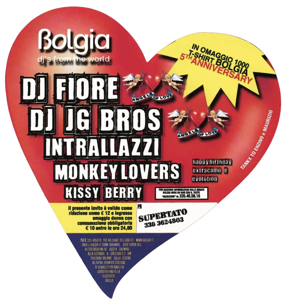 Back view of the flyer for the event by Bolgia and Angels of Love that took place on 2008-01-26