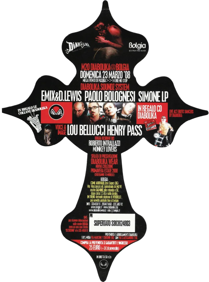 Back view of the flyer for the event by Bolgia and Diabolika that took place on 2008-03-23