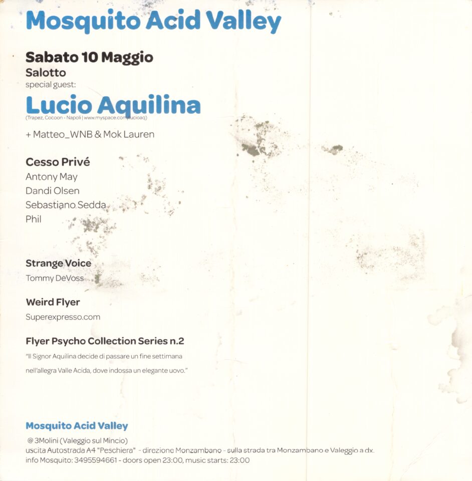 Back view of the flyer for the event by Mosquito Acid Valley that took place on 2008-05-10