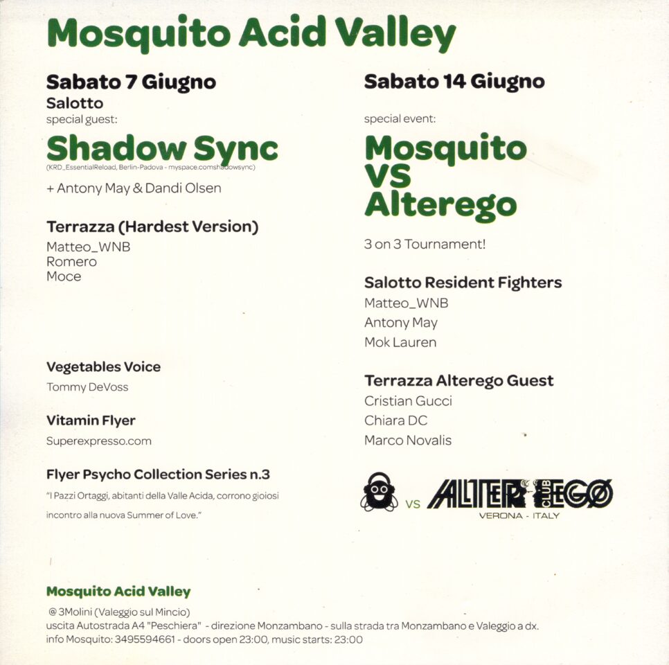 Back view of the flyer for the event by Mosquito Acid Valley and Alterego that took place on 2008-06-07