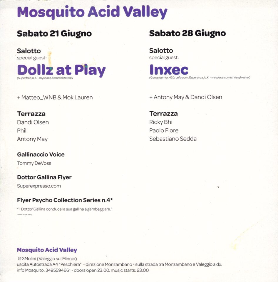 Back view of the flyer for the event by Mosquito Acid Valley that took place on 2008-06-21