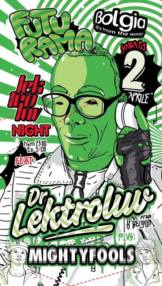 Front view of the flyer for the event by Bolgia and Futurama that took place on 2011-04-02