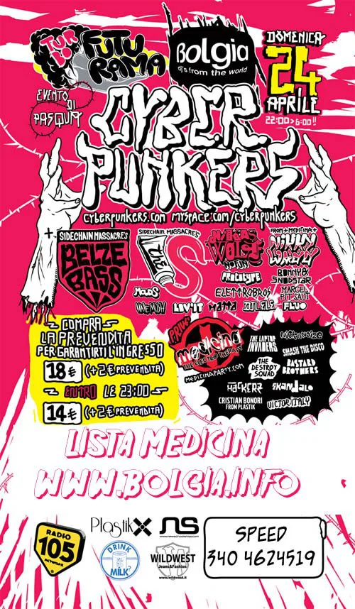 Back view of the flyer for the event by Futurama and Bolgia that took place on 2011-04-24