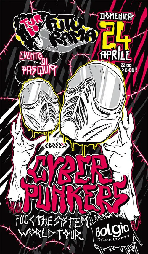 Front view of the flyer for the event by Futurama and Bolgia that took place on 2011-04-24