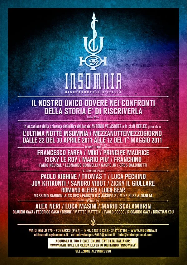 Back view of the flyer for the event by Metempsicosi and Insomnia that took place on 2011-04-30