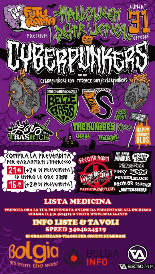 Front view of the flyer for the event by Futurama, Medicina, and Bolgia that took place on 2011-10-31