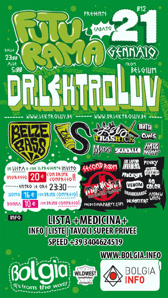 Back view of the flyer for the event by Futurama and Bolgia that took place on 2012-01-21