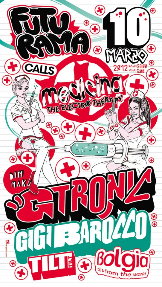 Front view of the flyer for the event by Medicina, Futurama, and Bolgia that took place on 2012-03-10