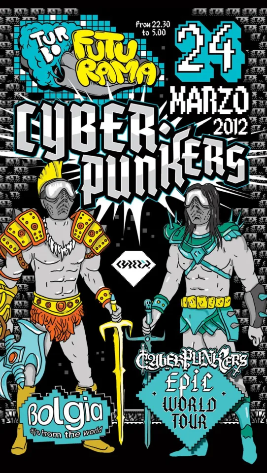 Front view of the flyer for the event by Futurama and Bolgia that took place on 2012-03-24