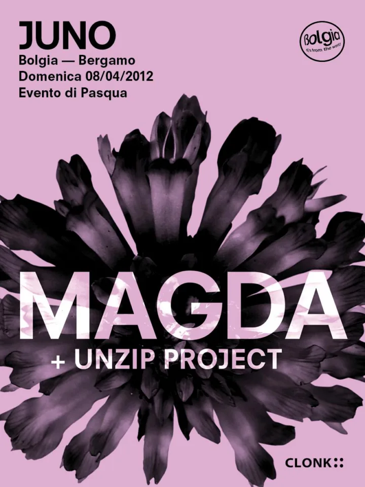 Front view of the flyer for the event by Juno and Bolgia that took place on 2012-04-08