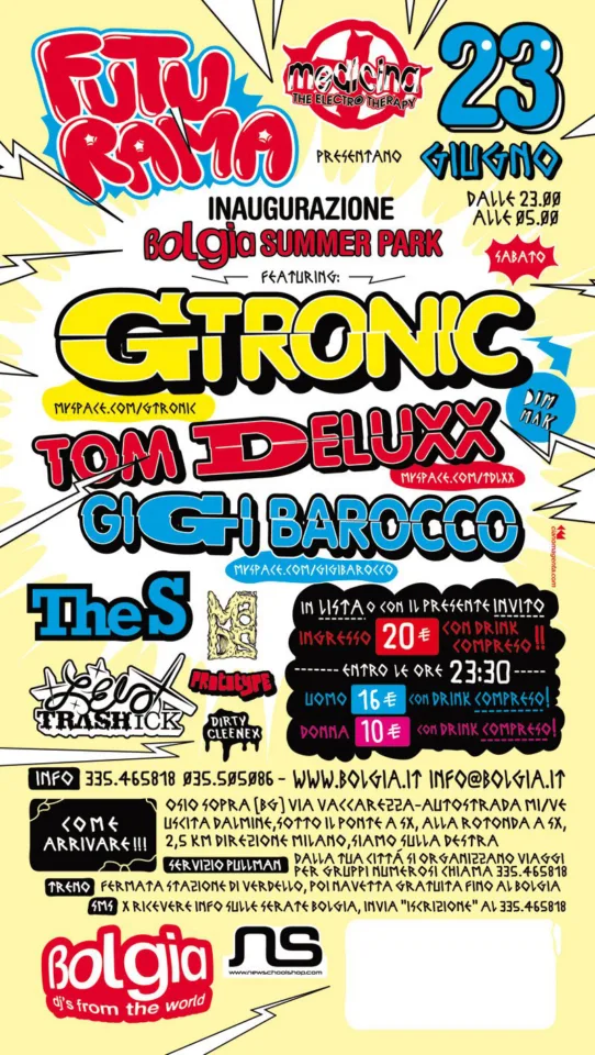 Back view of the flyer for the event by Futurama, Medicina, and Bolgia that took place on 2012-06-23