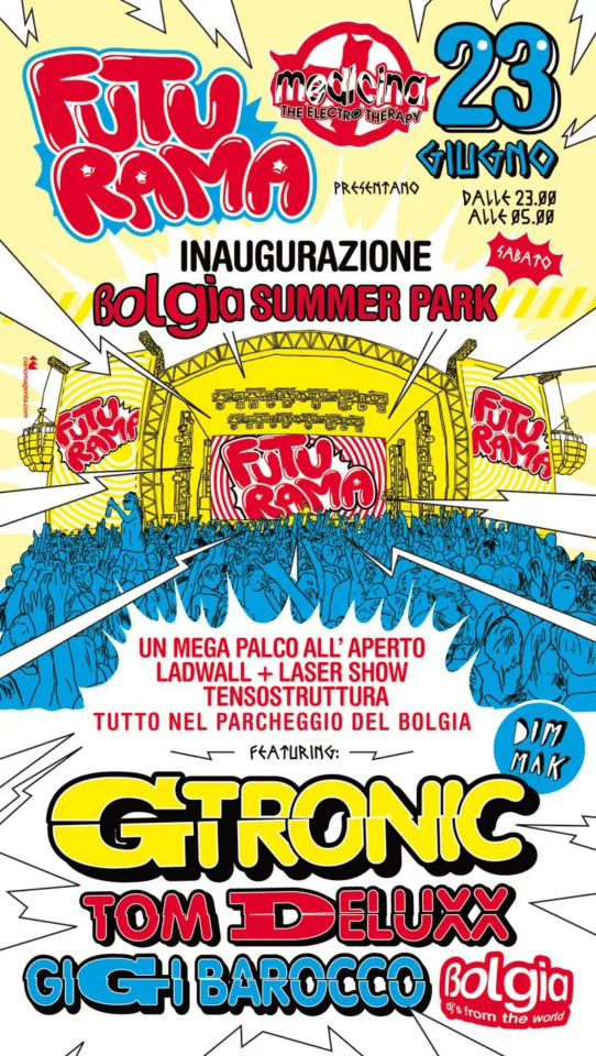 Front view of the flyer for the event by Futurama, Medicina, and Bolgia that took place on 2012-06-23