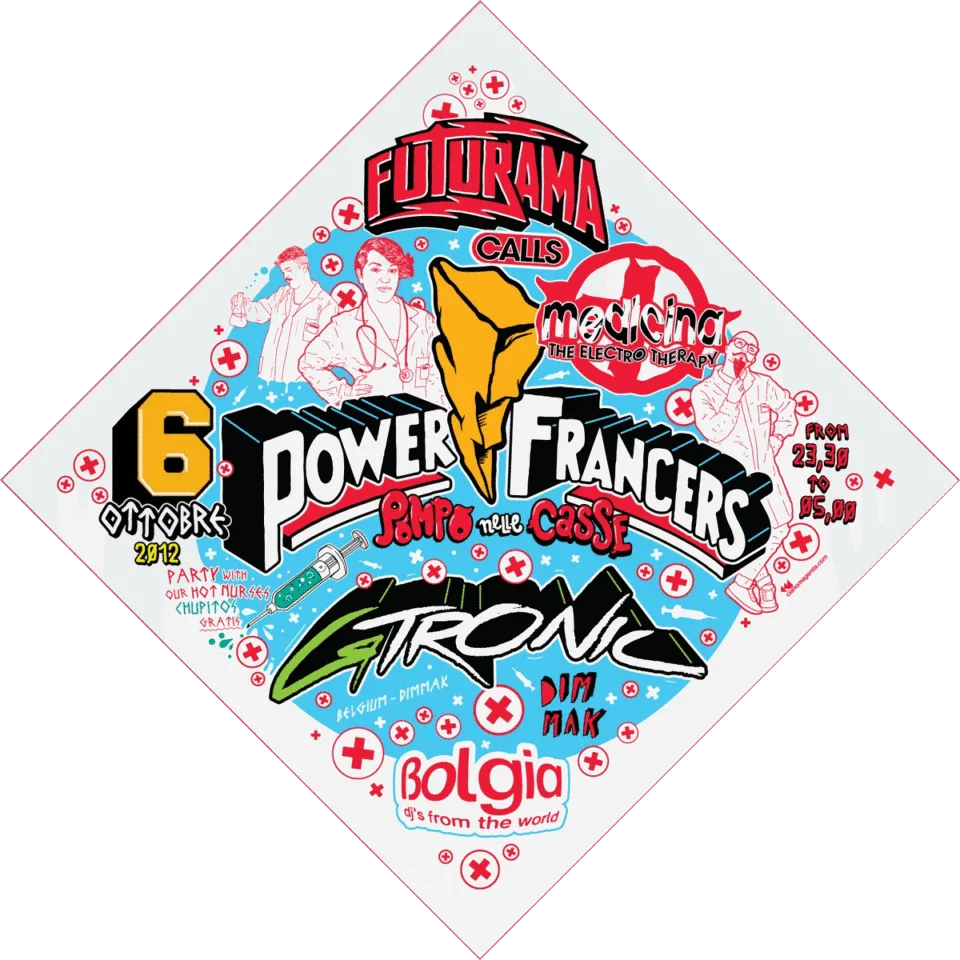 Front view of the flyer for the event by Bolgia, Futurama, and Medicina that took place on 2012-10-06