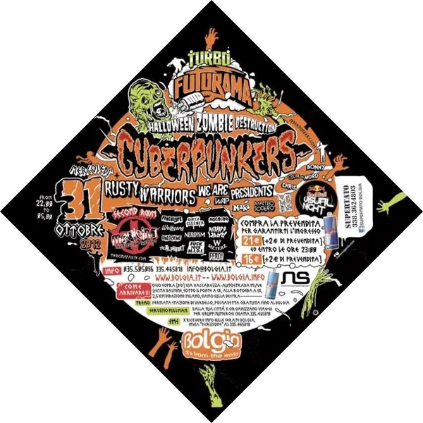 Back view of the flyer for the event by Bolgia and Futurama that took place on 2012-10-31