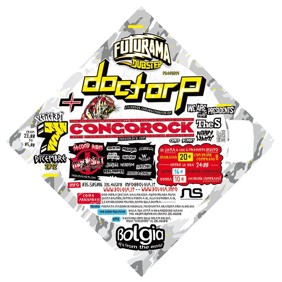 Back view of the flyer for the event by Futurama and Bolgia that took place on 2012-12-07