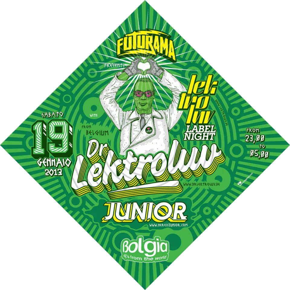 Front view of the flyer for the event by Futurama and Bolgia that took place on 2013-01-19