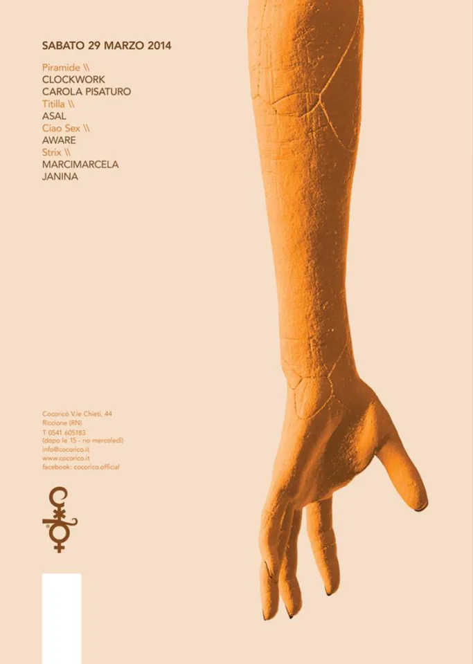 Front view of the flyer for the event by Cocoricò that took place on 2014-03-29