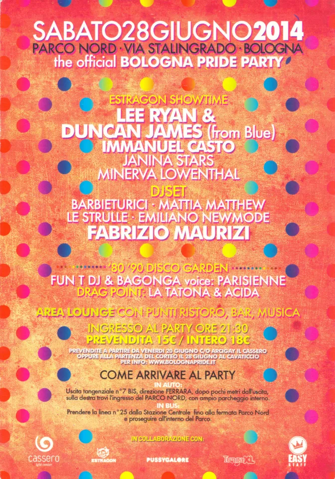 Back view of the flyer for the event by Bologna Pride that took place on 2014-06-28